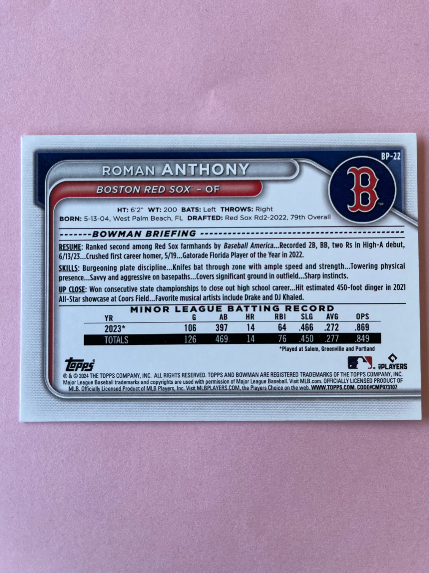 2024 Topps | Bowman | MLB | Roman Anthony bp-22 | Red Sox | Bowman Prospects