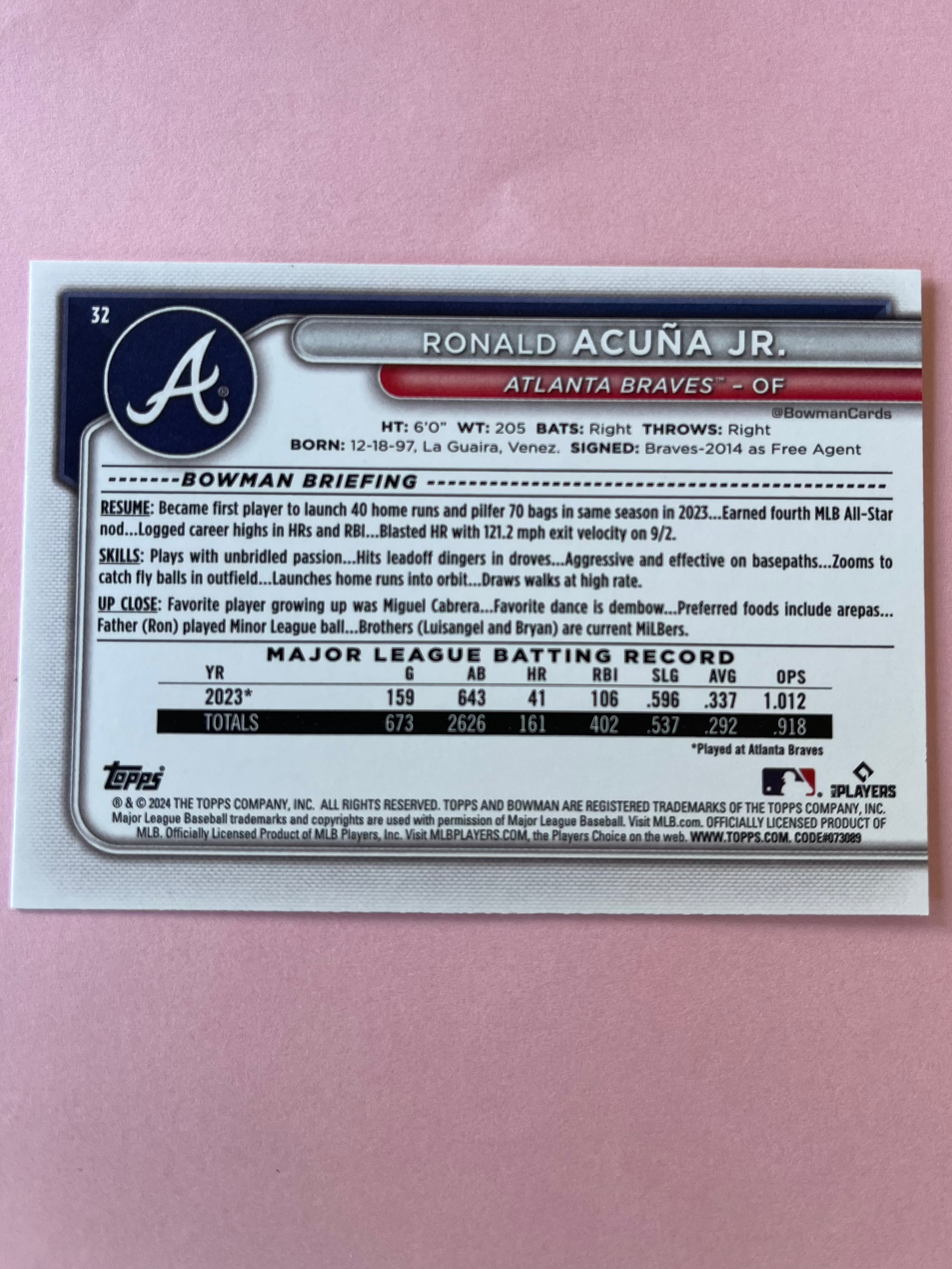 2024 Topps | Bowman | MLB | Ronald Acuna Jr. No.32 | Braves