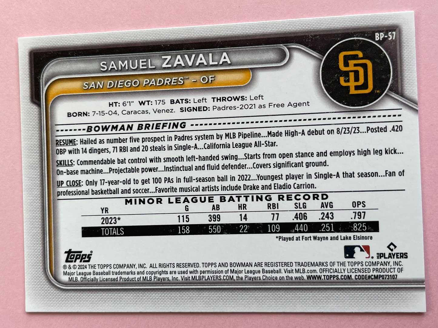 2024 Topps | Bowman | MLB | Samuel Zavala No.BP-57 | Padres | Prospects