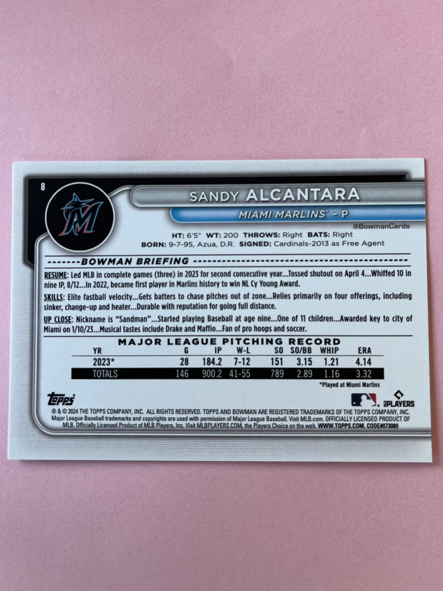 2024 Topps | Bowman | MLB | Sandy Alcantara No.8 | Marlins-2.50