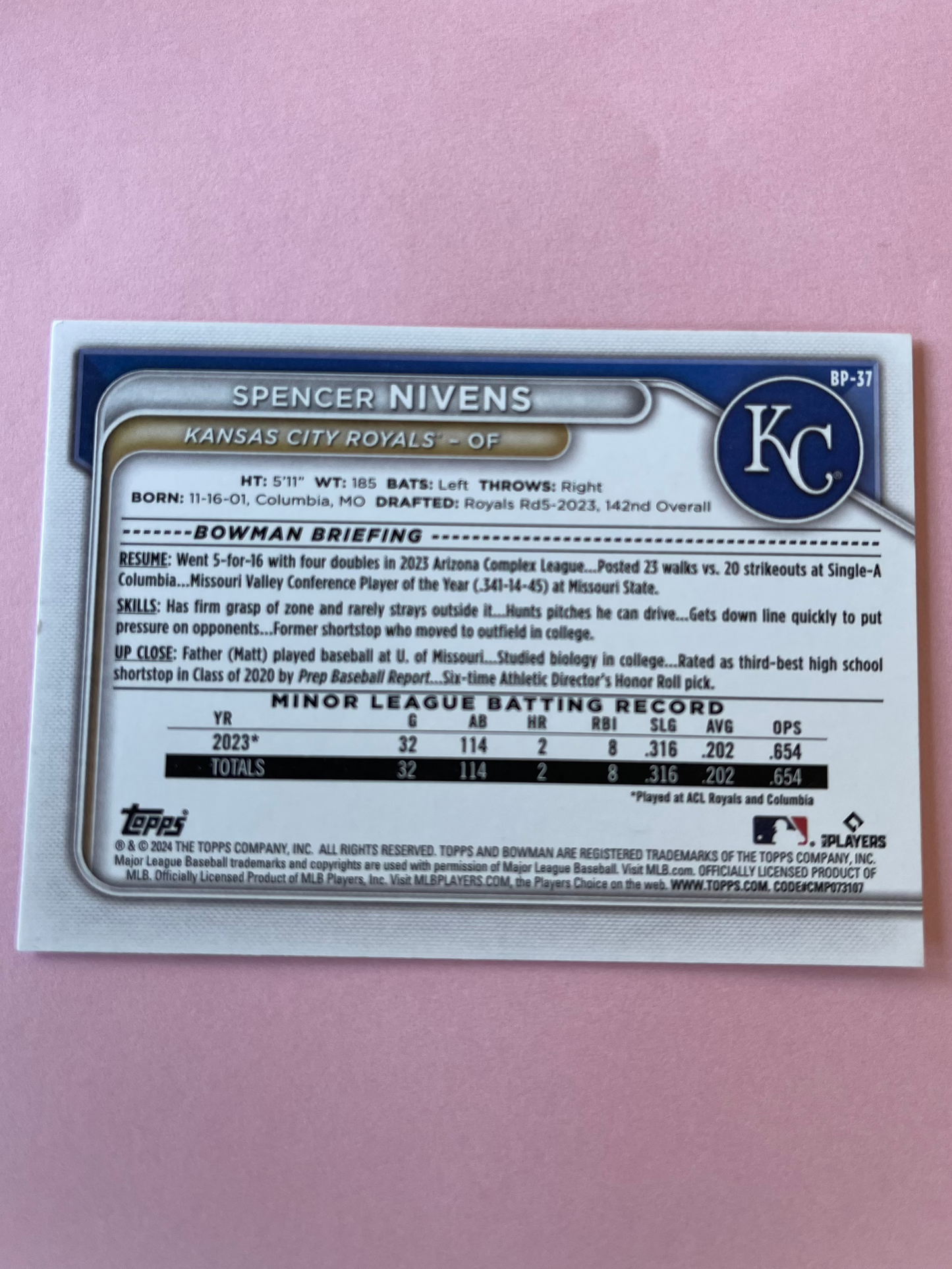 2024 Topps | Bowman | MLB | Spencer Nivens bp-37 | Royals | Bowman Prospects 3