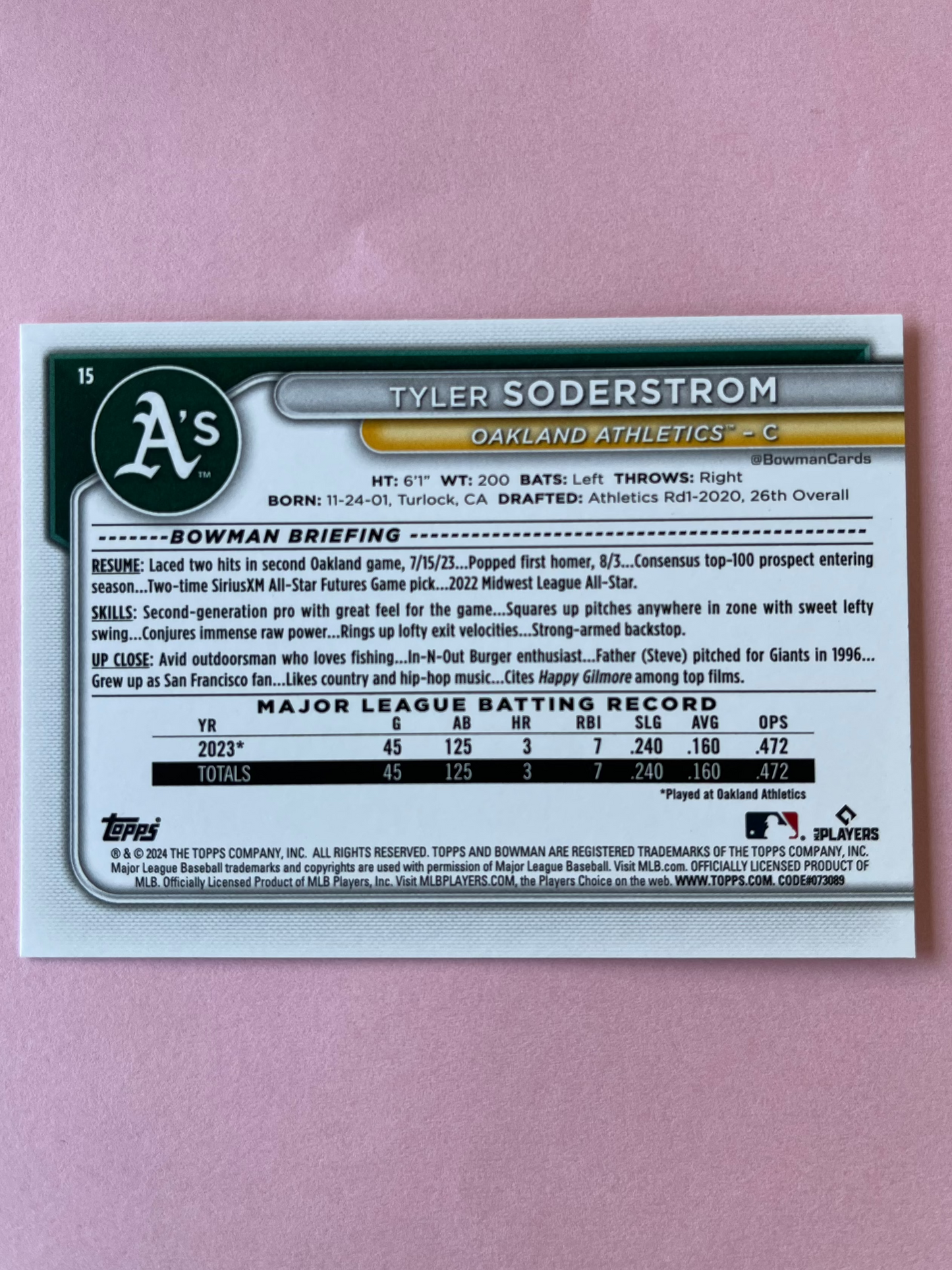 2024 Topps | Bowman | MLB | Tyler Soderstrom No.15 | Athlettics