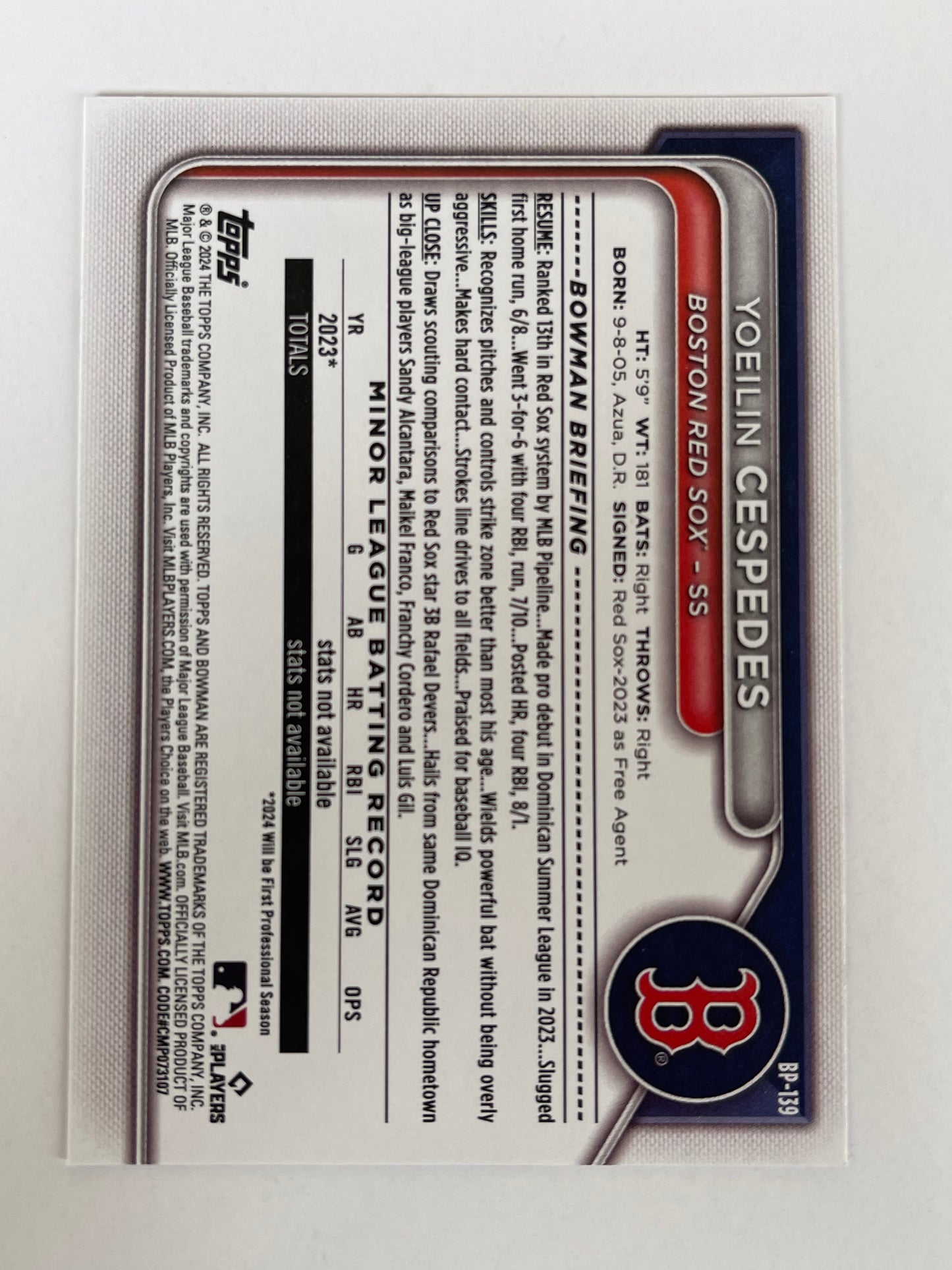 2024 Topps | Bowman | MLB | Yoeilin Cespedes No.BP-139 | Red Sox | Prospects