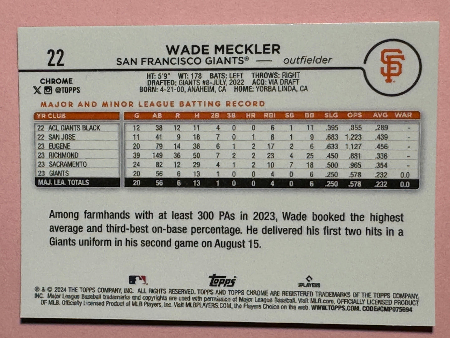 2024 Tops | Chrome | Baseball | Wade Meckler #22 | Giants