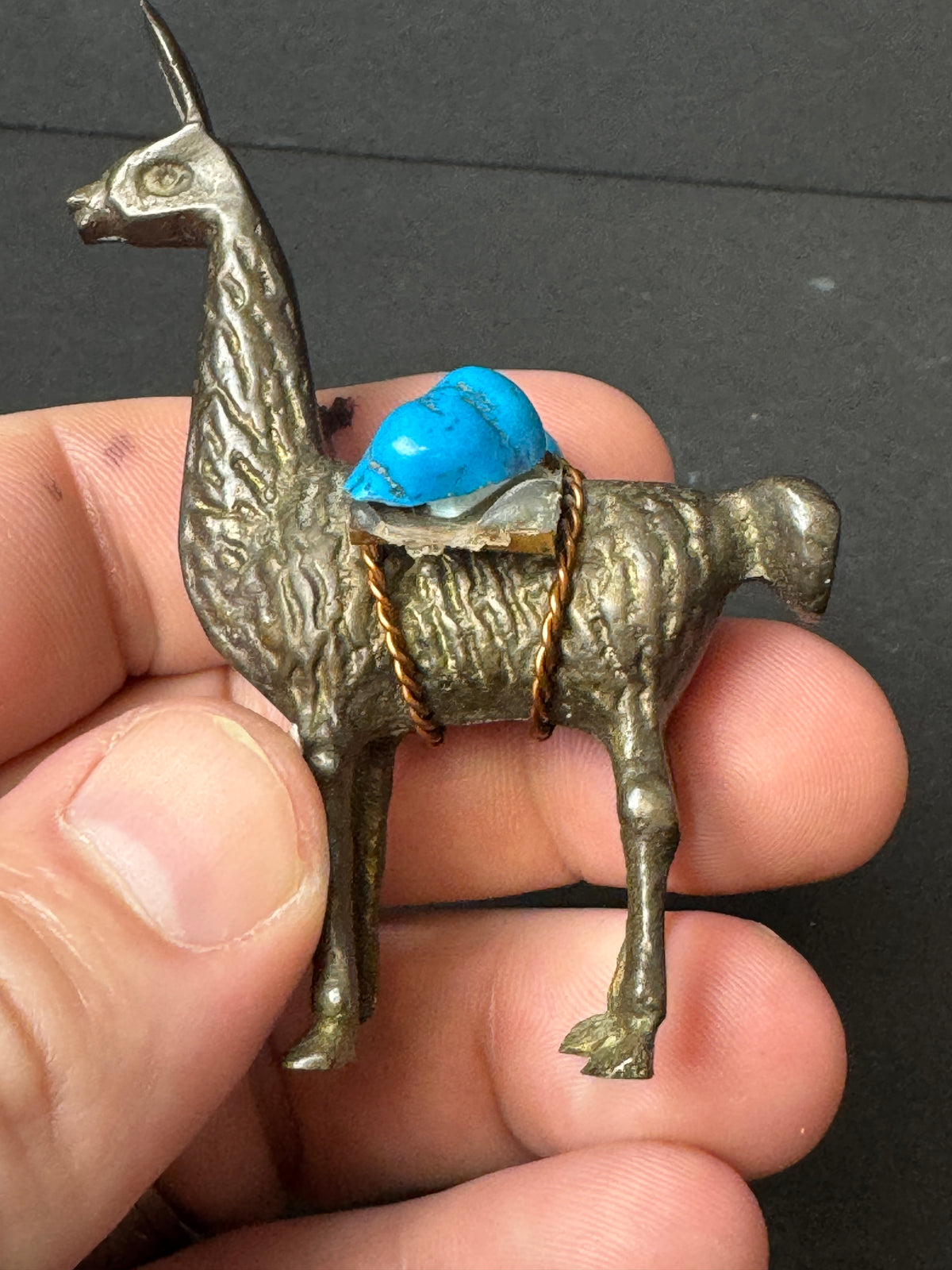 477 - Miniature Brass?  Llama / Alpaca Figurine Carrying Turquoise Stone Copper Saddle