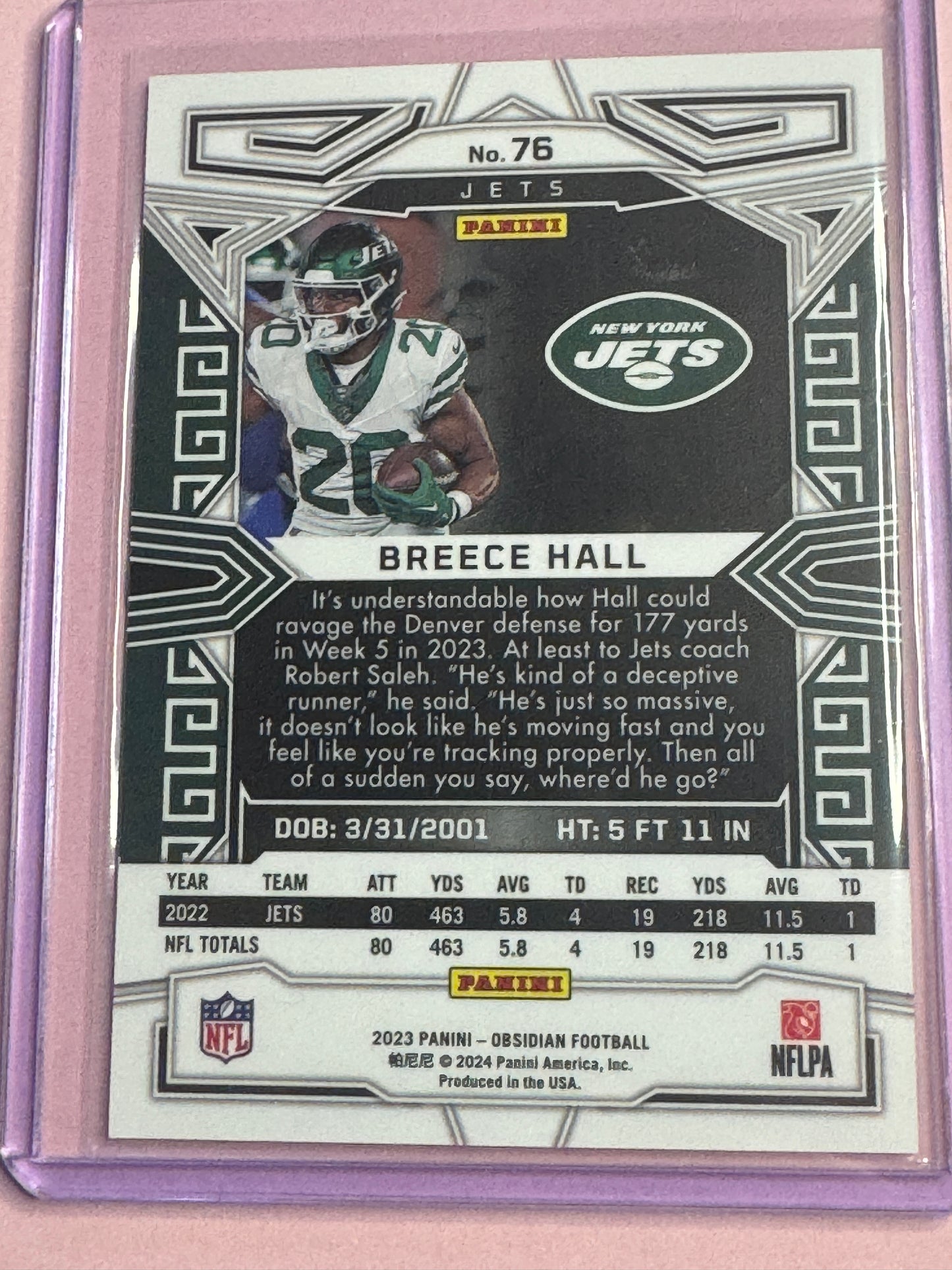 23 Panini Obsidian Football | Breece Hall #76 | Jets