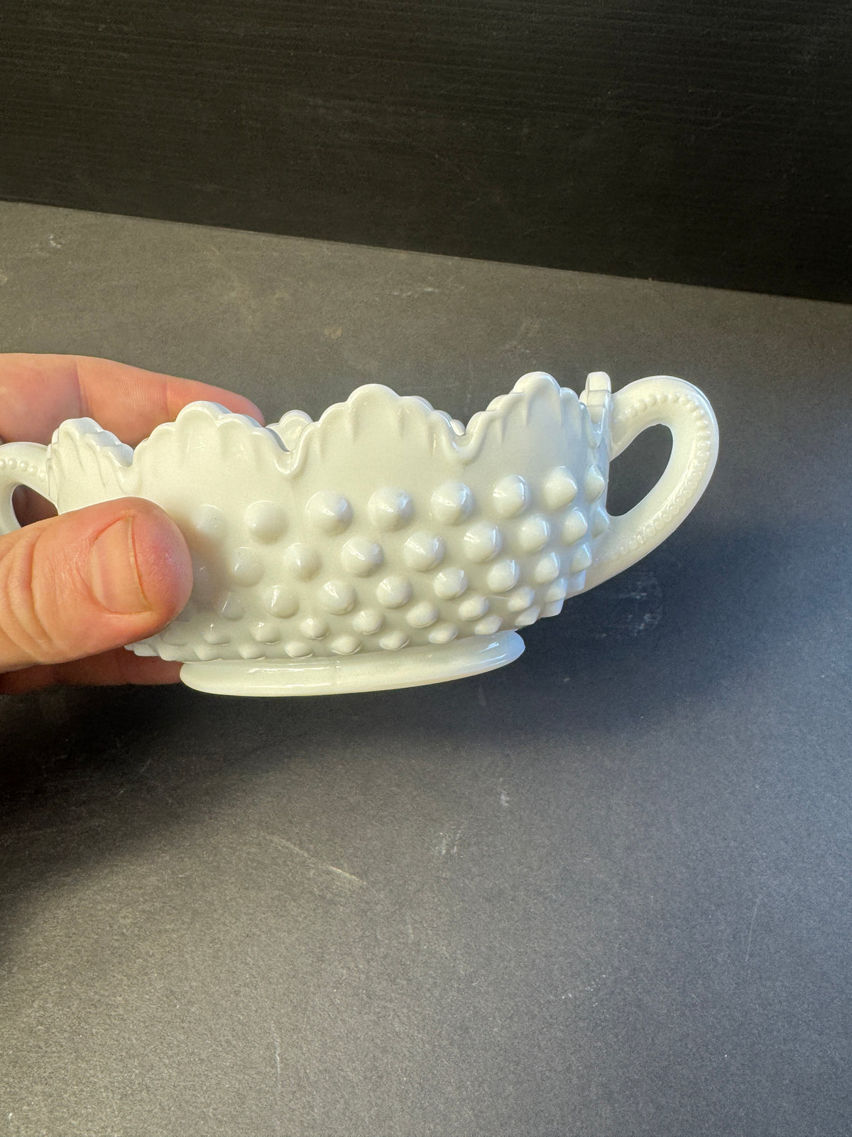 Fenton Milk Glass Hobnail Scalloped double Handled Sugar Bowl. Oval
