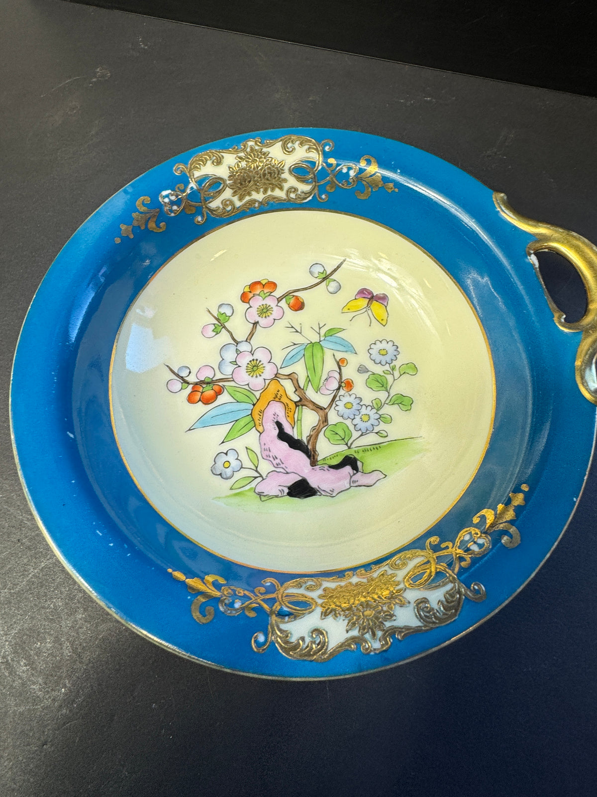 Vintage Morimura Noritake Hand Painted Handled Bowl tree flowers butterfly