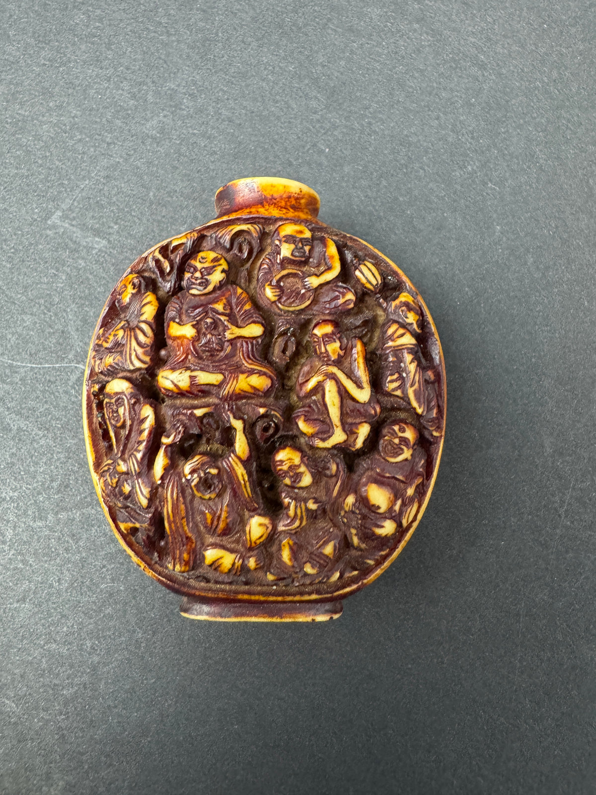 494 - Antique Vintage Heavily Hand Carved Chinese Resin Snuff Bottle 1930's? No Cap