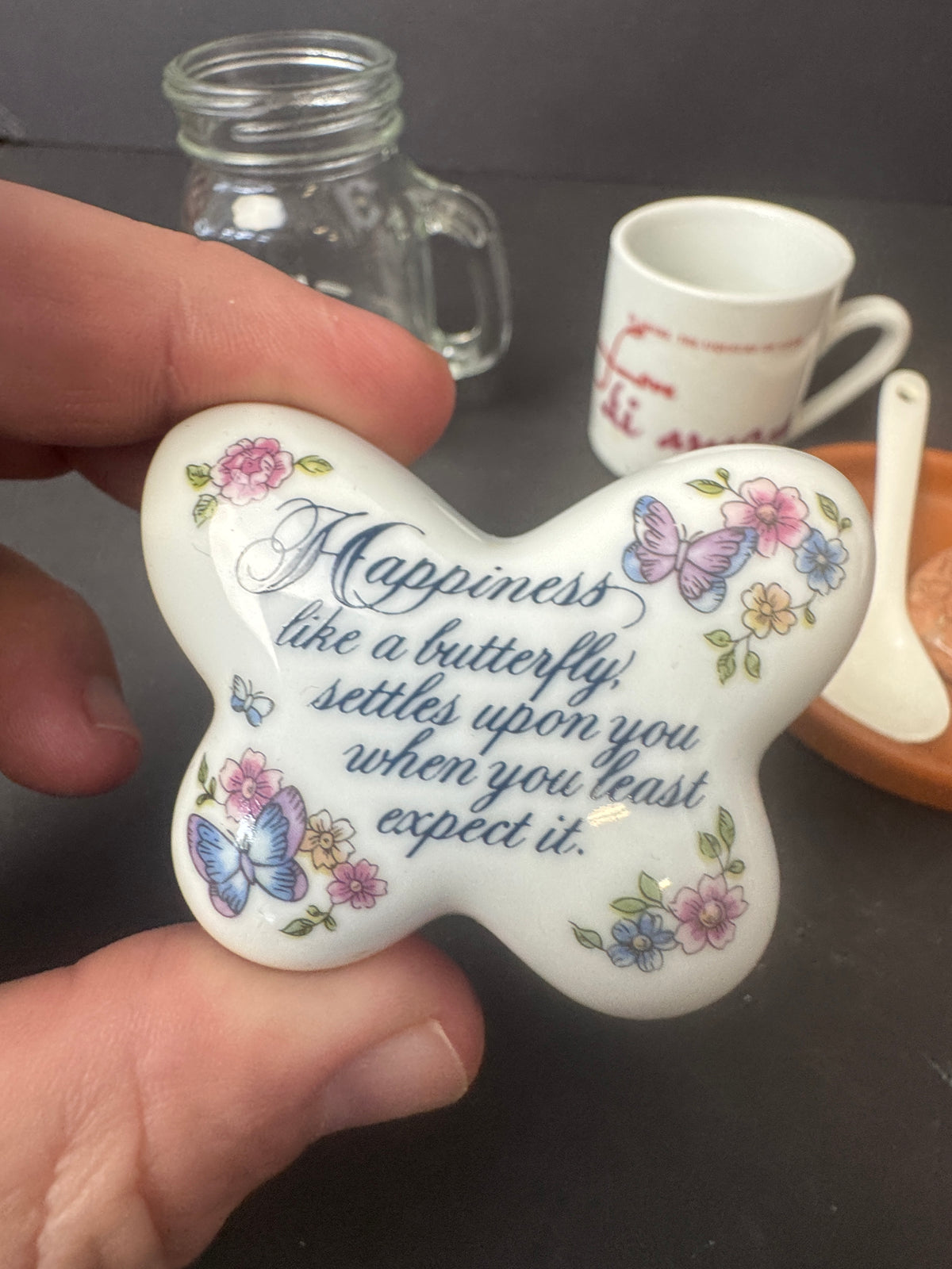 497 - Bundle Deal - Avon butterfly trinket dish, 2 small mugs, polished stone, ceramic spoon