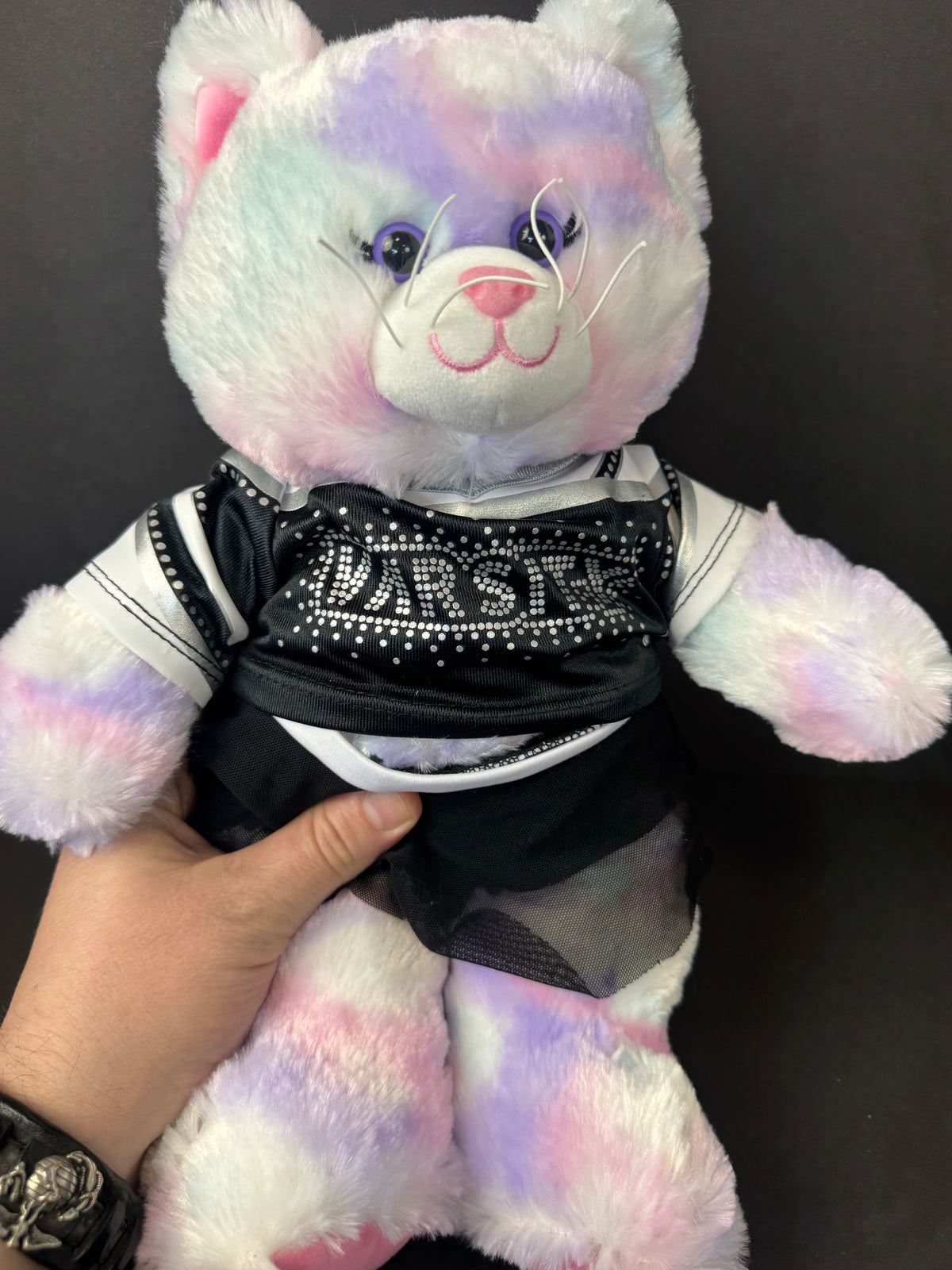 564 - Build-A-Bear Pastel Swirl Kitty With Pink BAB BABW black cheerleading varsity outfit