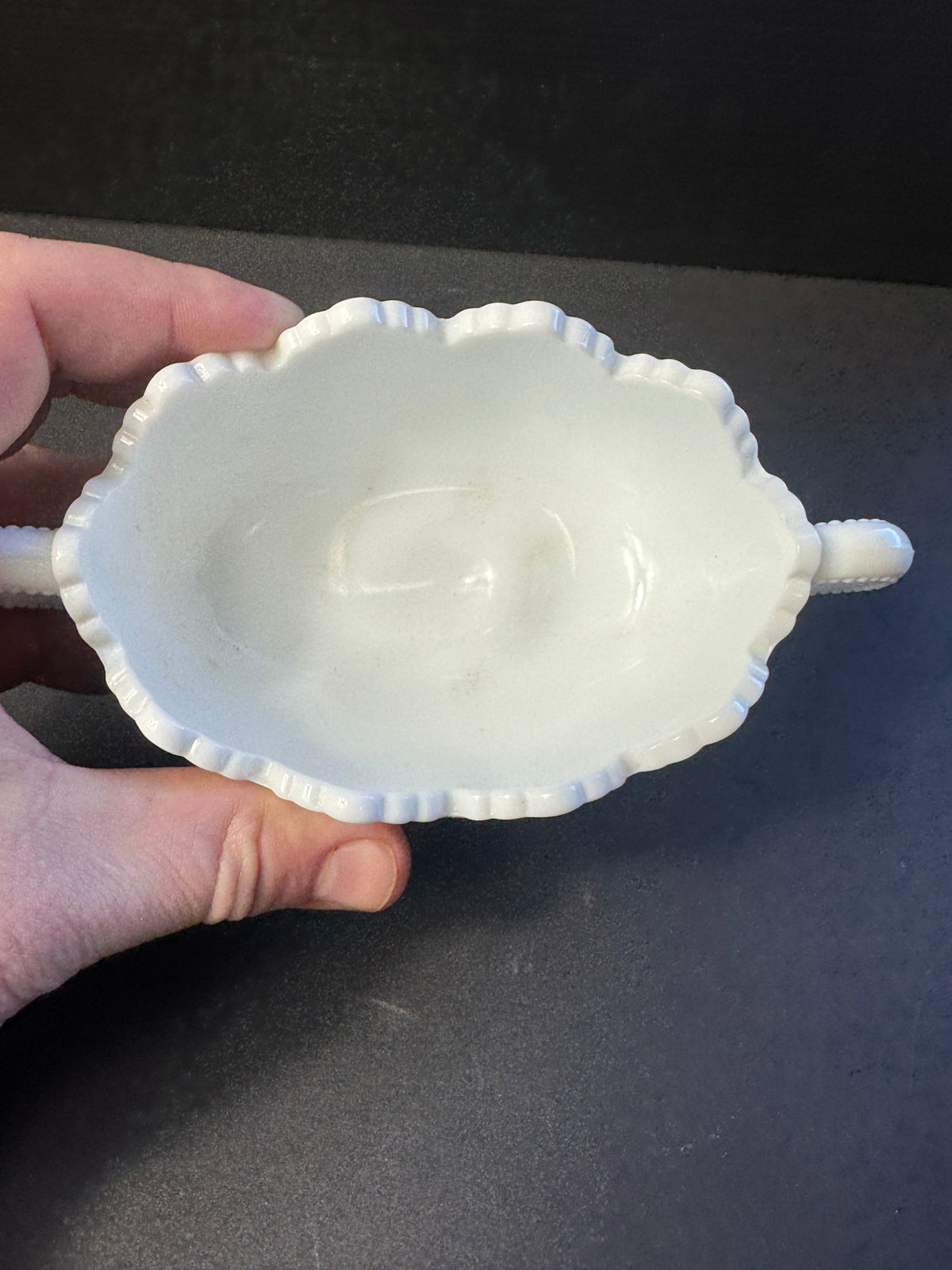 Fenton Milk Glass Hobnail Scalloped double Handled Sugar Bowl. Oval