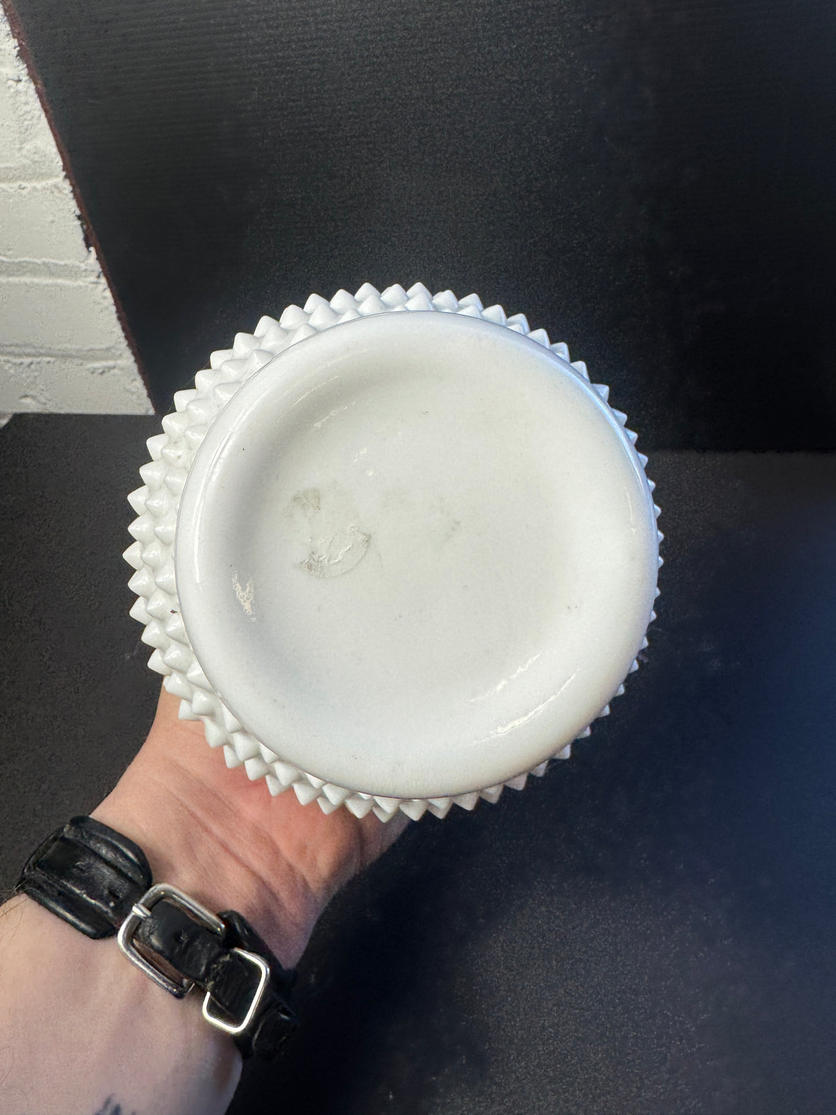 Fenton? White Hobnail Milk Glass Vase with Ruffled Edges