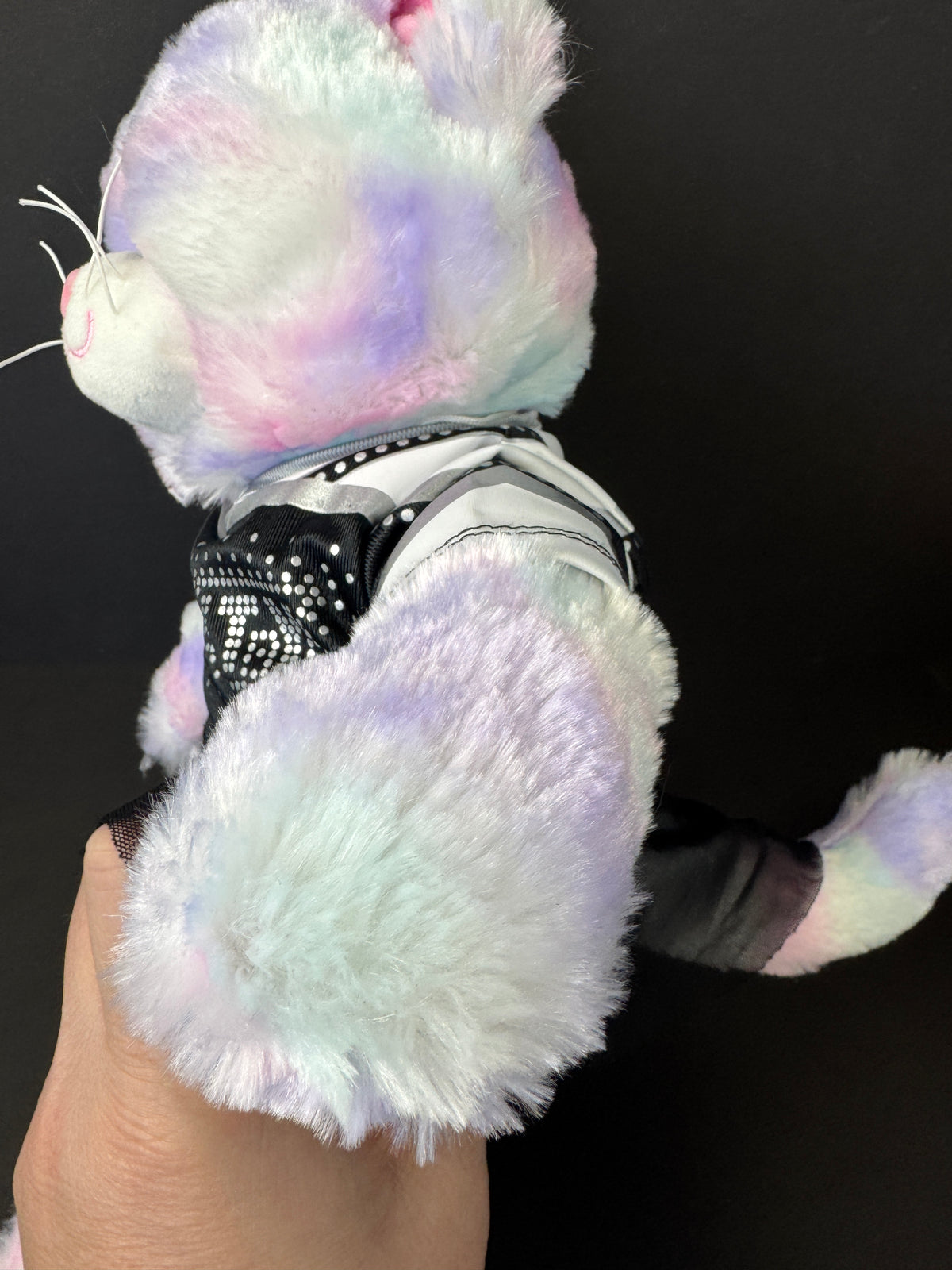 564 - Build-A-Bear Pastel Swirl Kitty With Pink BAB BABW black cheerleading varsity outfit