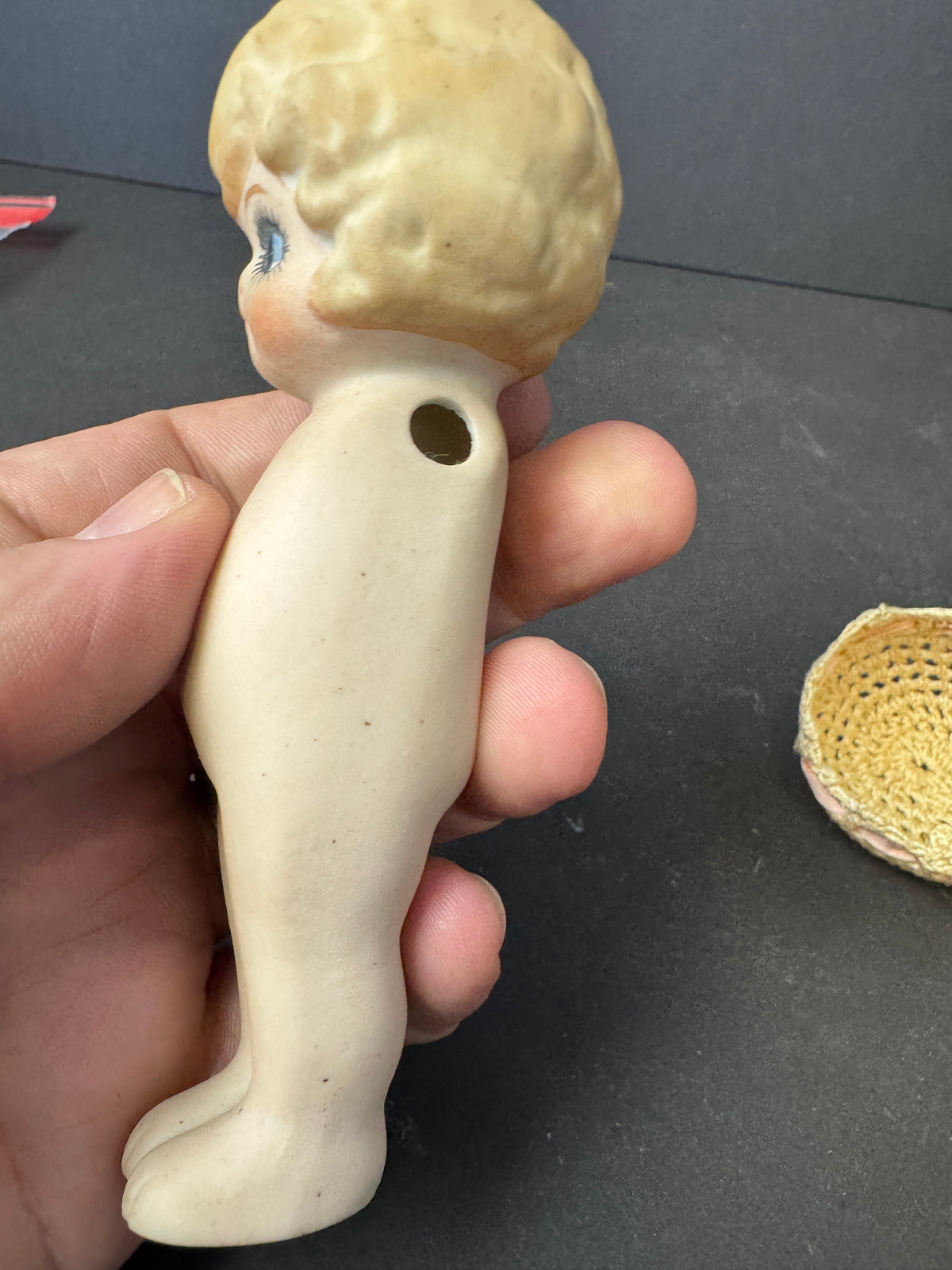 250 - Bisque Flapper? Kewpie? Doll Antique Porcelain Japan laced pin cushion