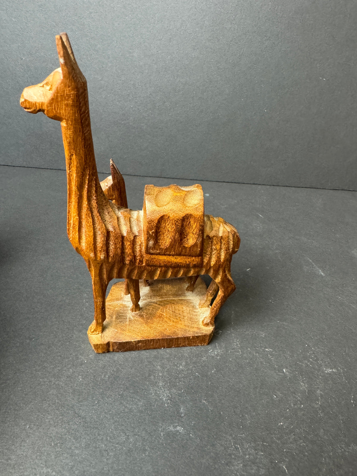 476 - Hand-Carved Wooden Figurine featuring mother Llama and baby Llama folk art