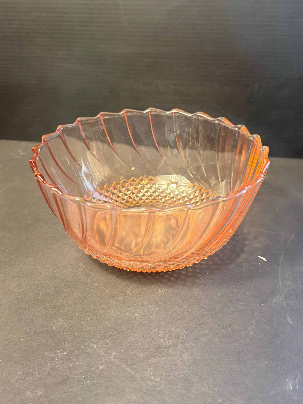 Vintage Pink Depression Style Glass Serving Bowl Sunflower Diamond Swirl