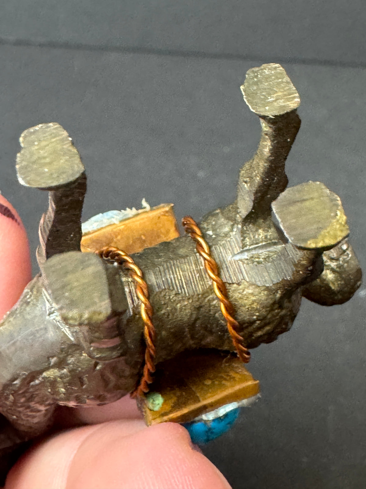 477 - Miniature Brass?  Llama / Alpaca Figurine Carrying Turquoise Stone Copper Saddle