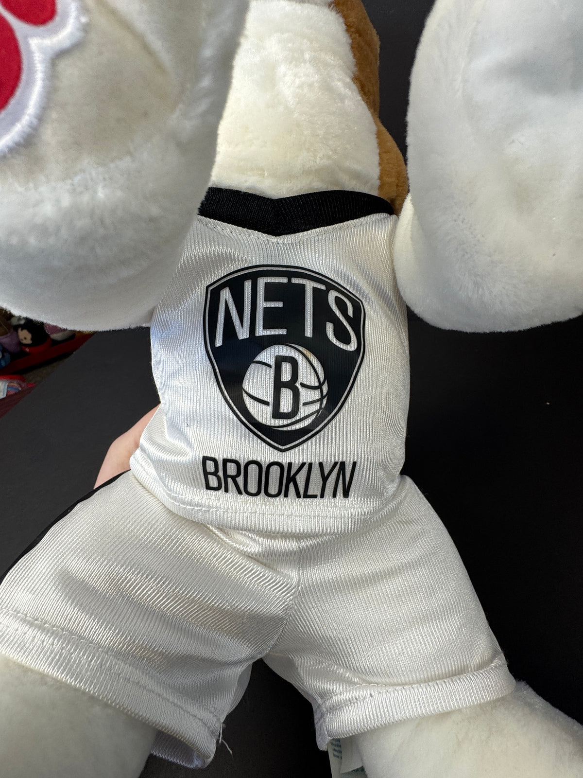 559 - Build-A-Bear Workshop Brown and White Bulldog Plush Dog with Tongue Out, Brooklyn Nets Jersey NBA BAB