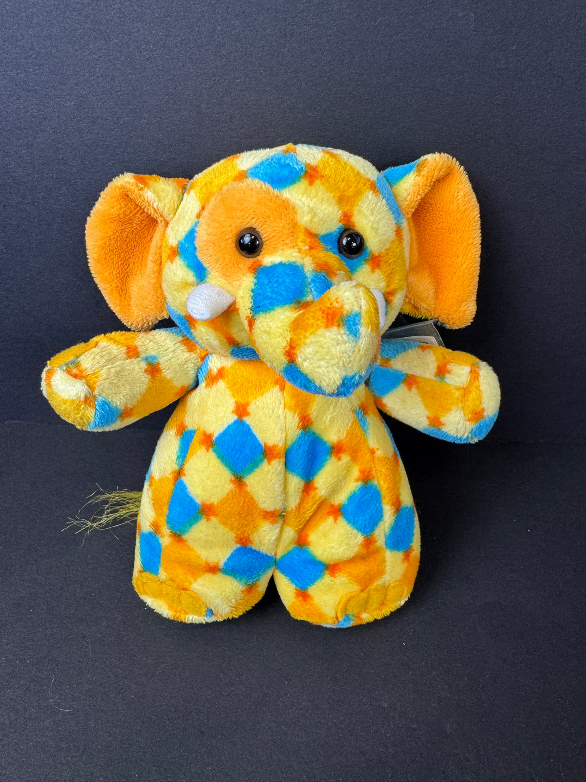 573 - GANZ Stella Plush Stuffed Elephant Yellow Blue Orange Diamond Pattern Webkinz type amazing world