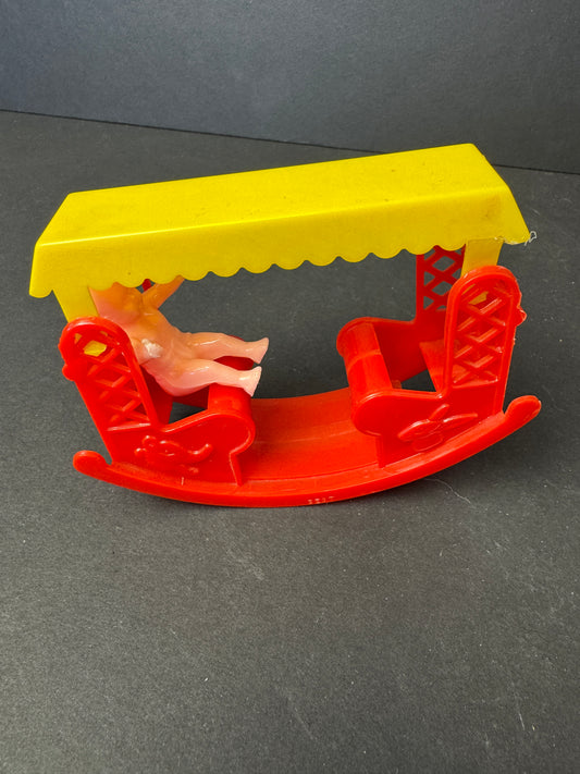 437 - Vintage Dollhouse hard plastic Dolly Teeter Totter See Saw w Canopy Red Yellow w baby
