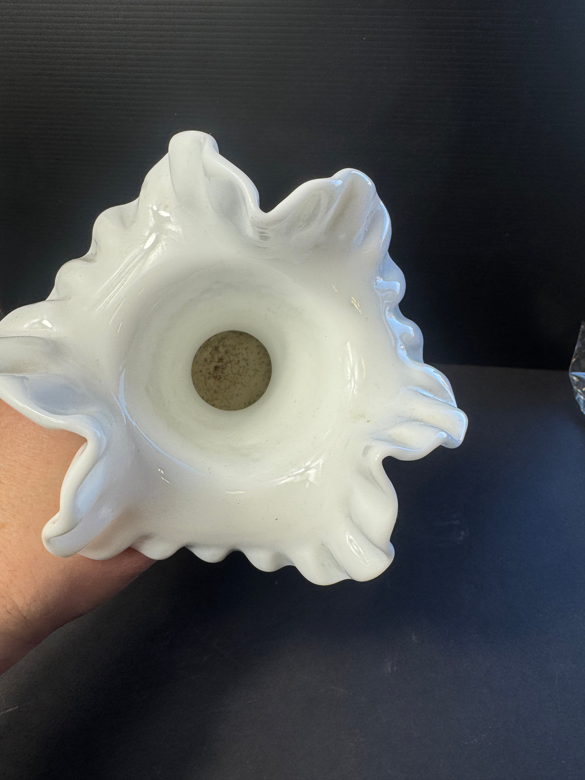Fenton? White Hobnail Milk Glass Vase with Ruffled Edges