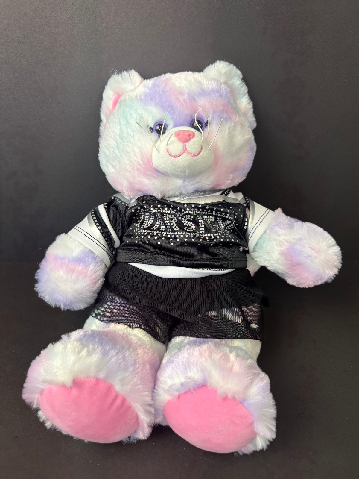 564 - Build-A-Bear Pastel Swirl Kitty With Pink BAB BABW black cheerleading varsity outfit
