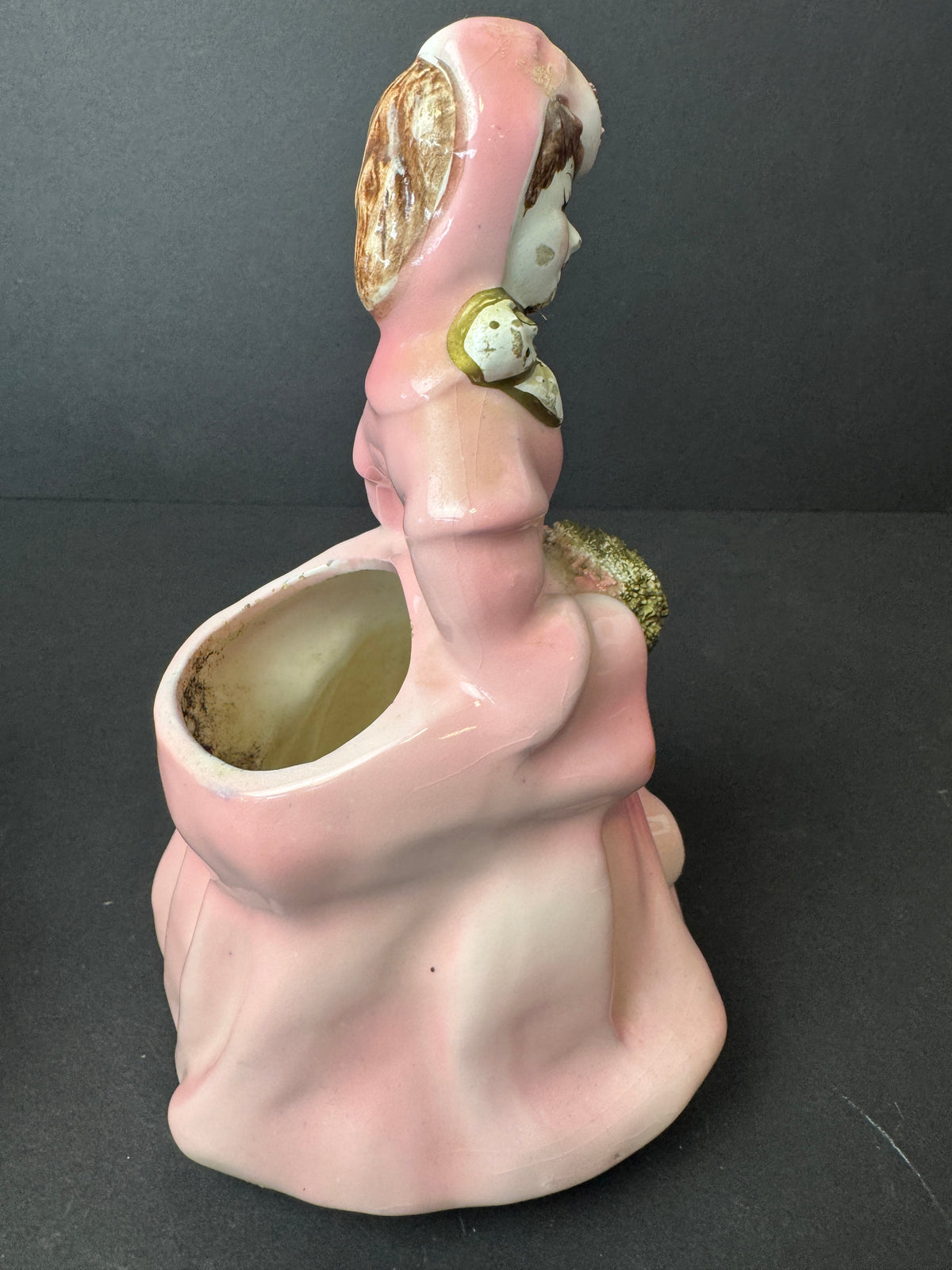505 - Vintage Relpo Ceramic Planter Vase Lady Dressed in Pink w/Bonne