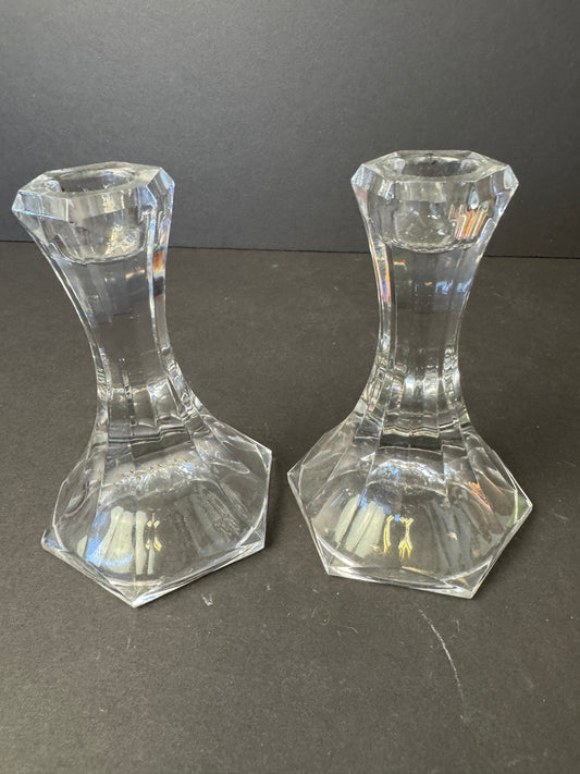 410 - Pair Clear Faceted Glass Taper/Dinner Candle Candlesticks Holders