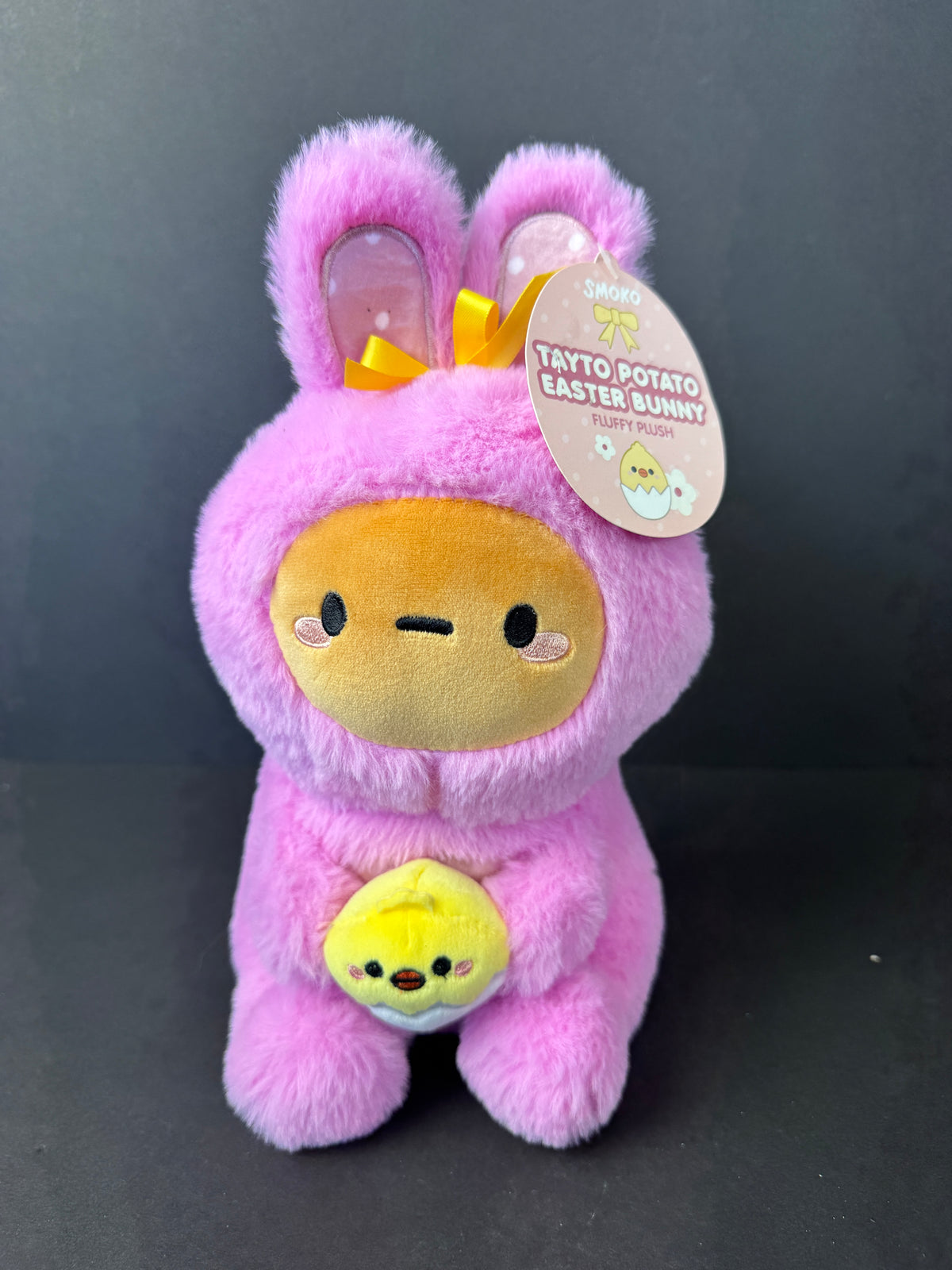 555 - Smoko Tayto Potato Easter Bunny Plush Stuffed Animal Pink Rabbit Holding Egg