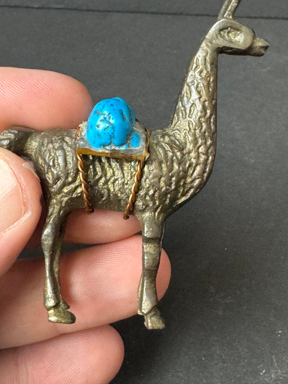 477 - Miniature Brass?  Llama / Alpaca Figurine Carrying Turquoise Stone Copper Saddle
