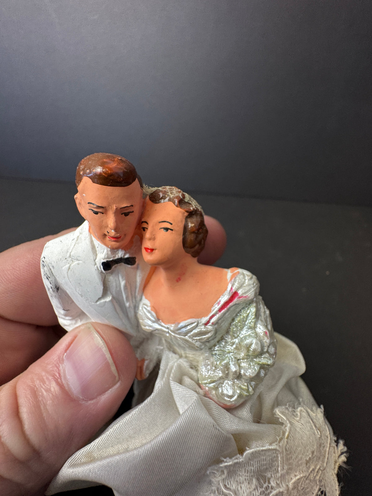 248 - Chalkware Bride & Groom Wedding Cake Topper Lace Vintage
