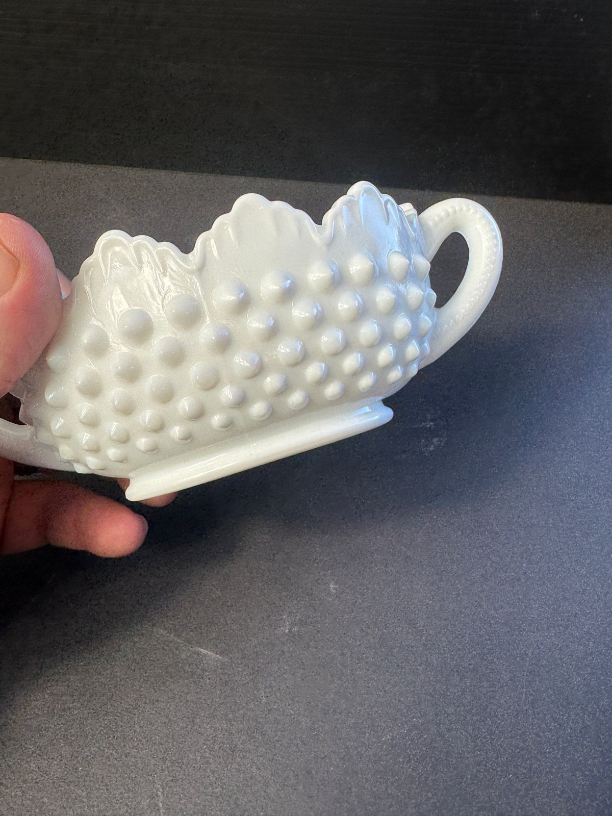 Fenton Milk Glass Hobnail Scalloped double Handled Sugar Bowl. Oval