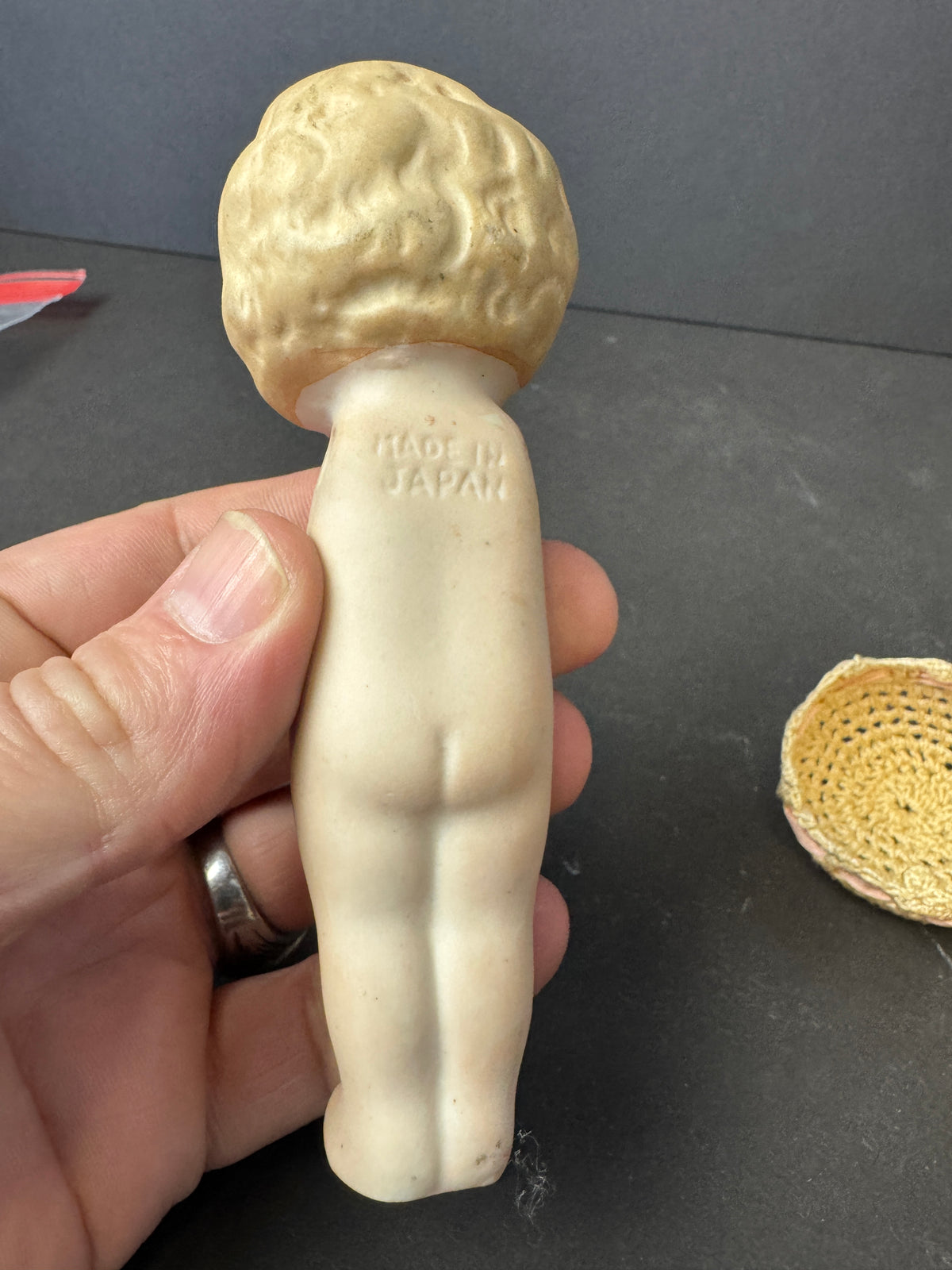 250 - Bisque Flapper? Kewpie? Doll Antique Porcelain Japan laced pin cushion