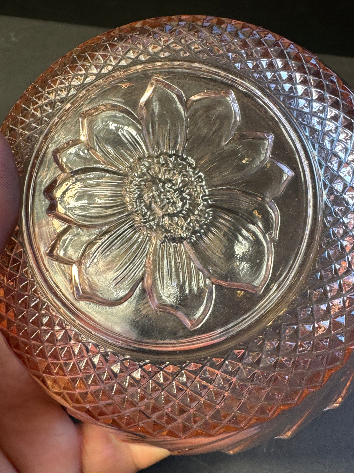 Vintage Pink Depression Style Glass Serving Bowl Sunflower Diamond Swirl