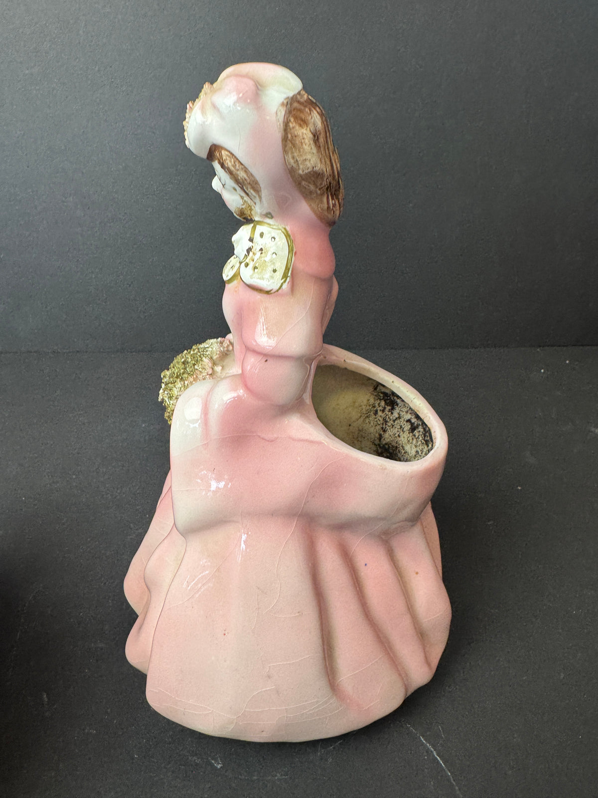 505 - Vintage Relpo Ceramic Planter Vase Lady Dressed in Pink w/Bonne