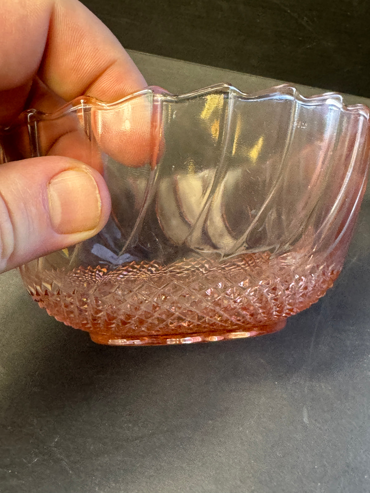 Vintage Pink Depression Style Glass Serving Bowl Sunflower Diamond Swirl