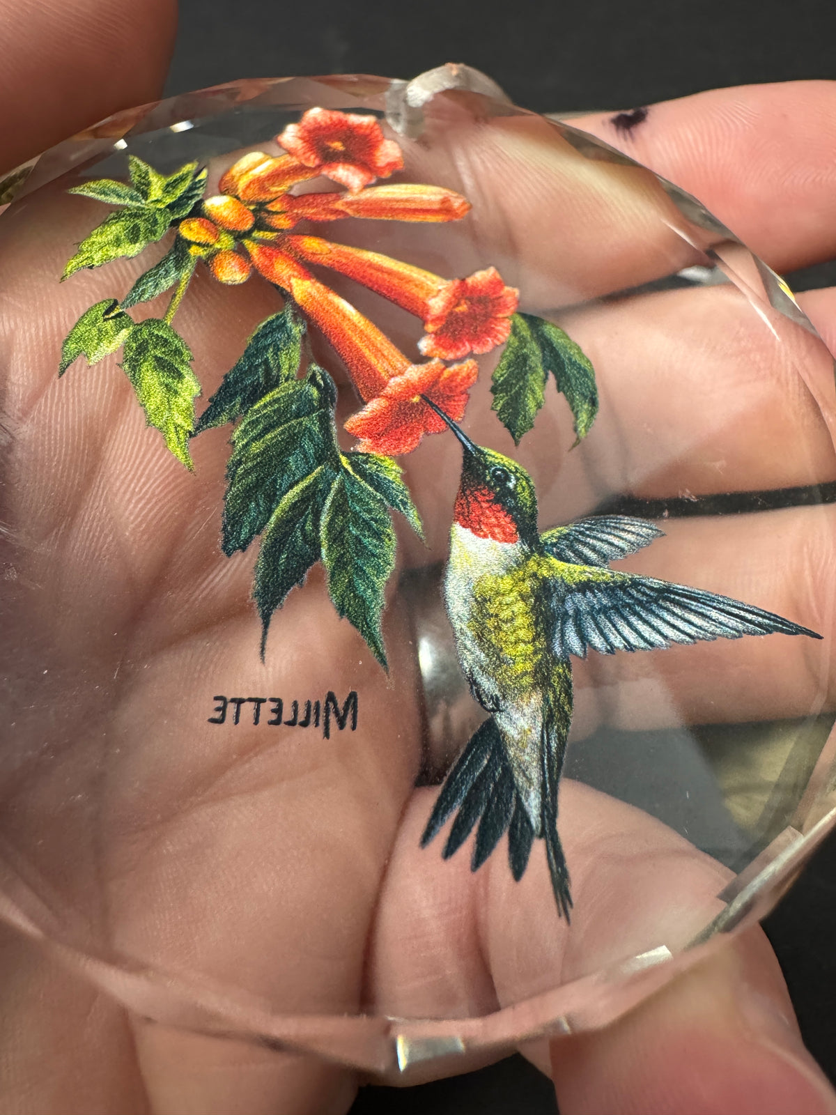 478 - hummingbird Clear Beveled Glass Ornament Artist Millette