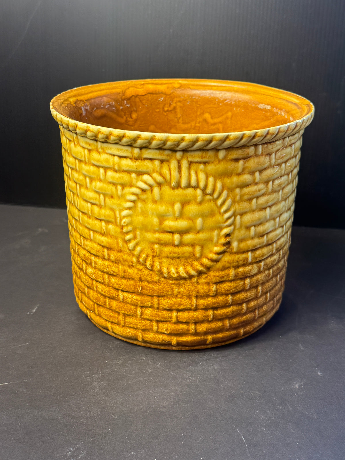 Vtg Haeger Pottery Mustard Basketweave Planter Flower Pot #48?