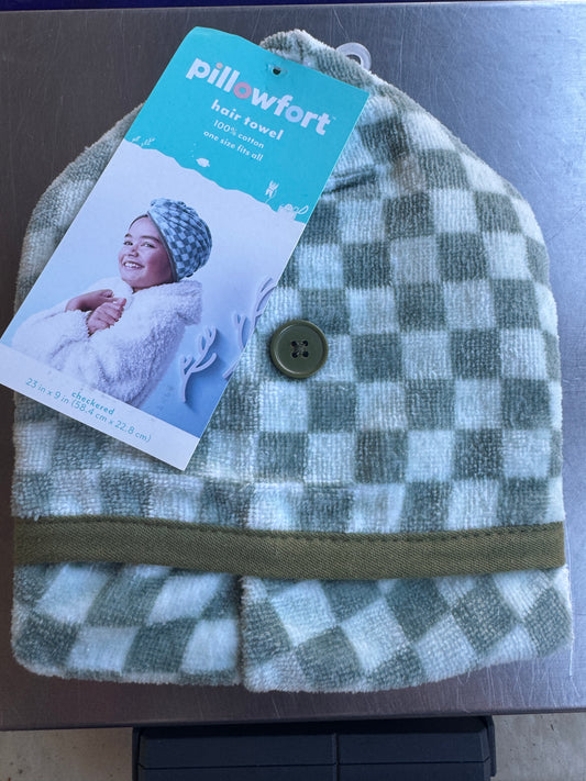 Kids hair towel, green checkered