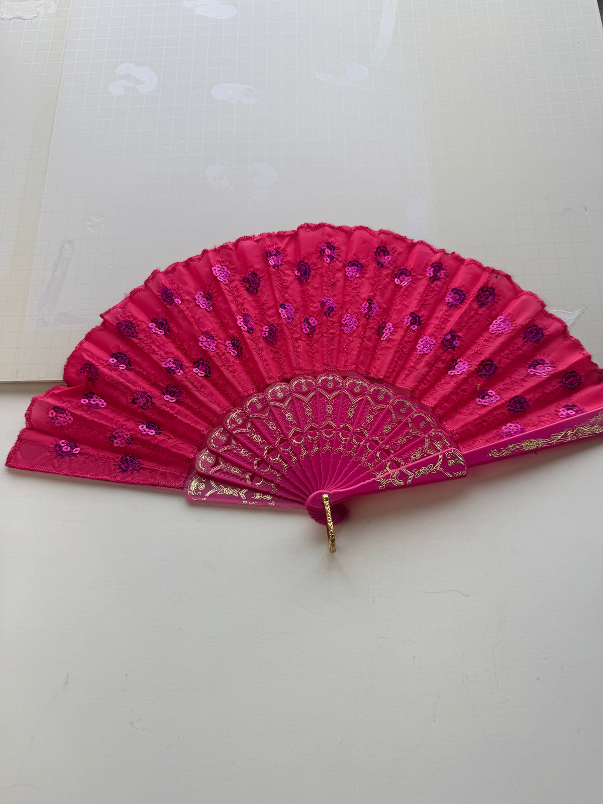 524 - Pink Large Lace Floral Folding Hand Held Plastic Chinese Fan