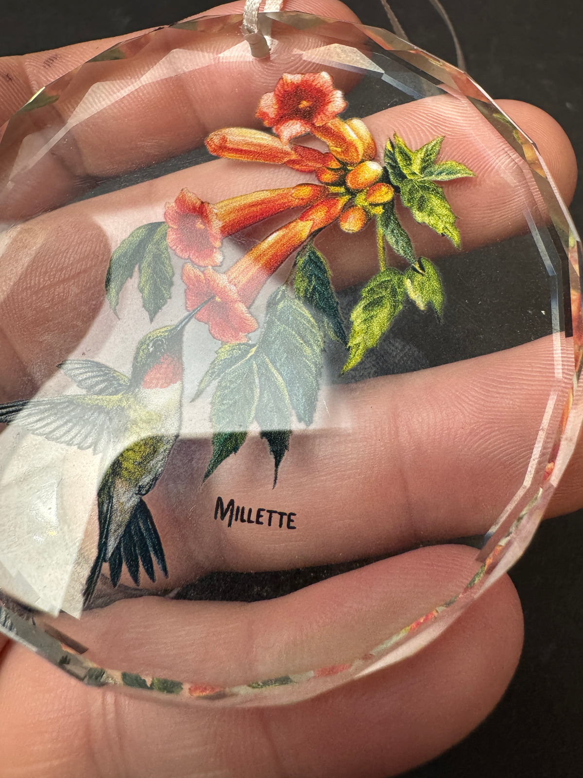 478 - hummingbird Clear Beveled Glass Ornament Artist Millette