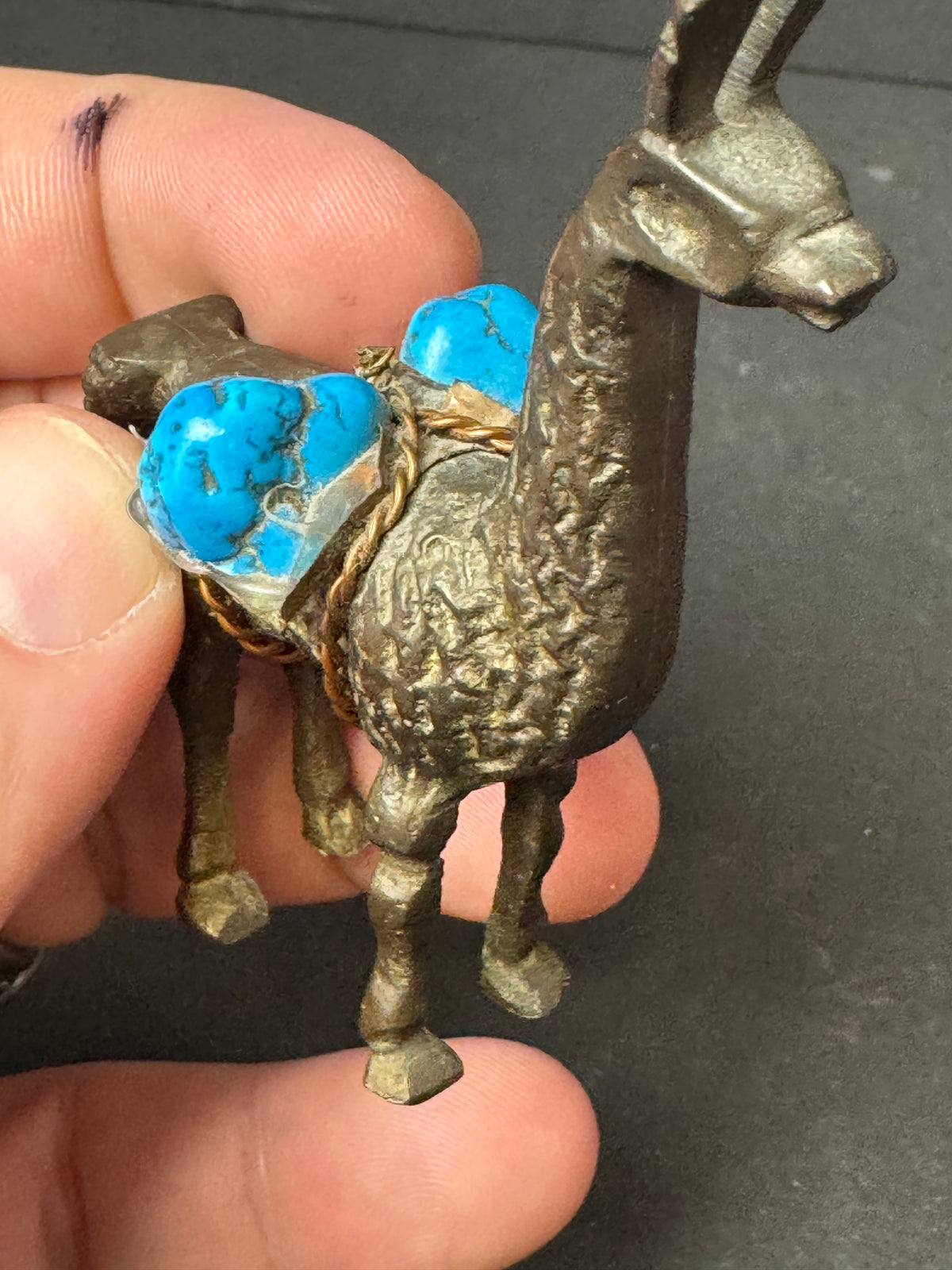 477 - Miniature Brass?  Llama / Alpaca Figurine Carrying Turquoise Stone Copper Saddle
