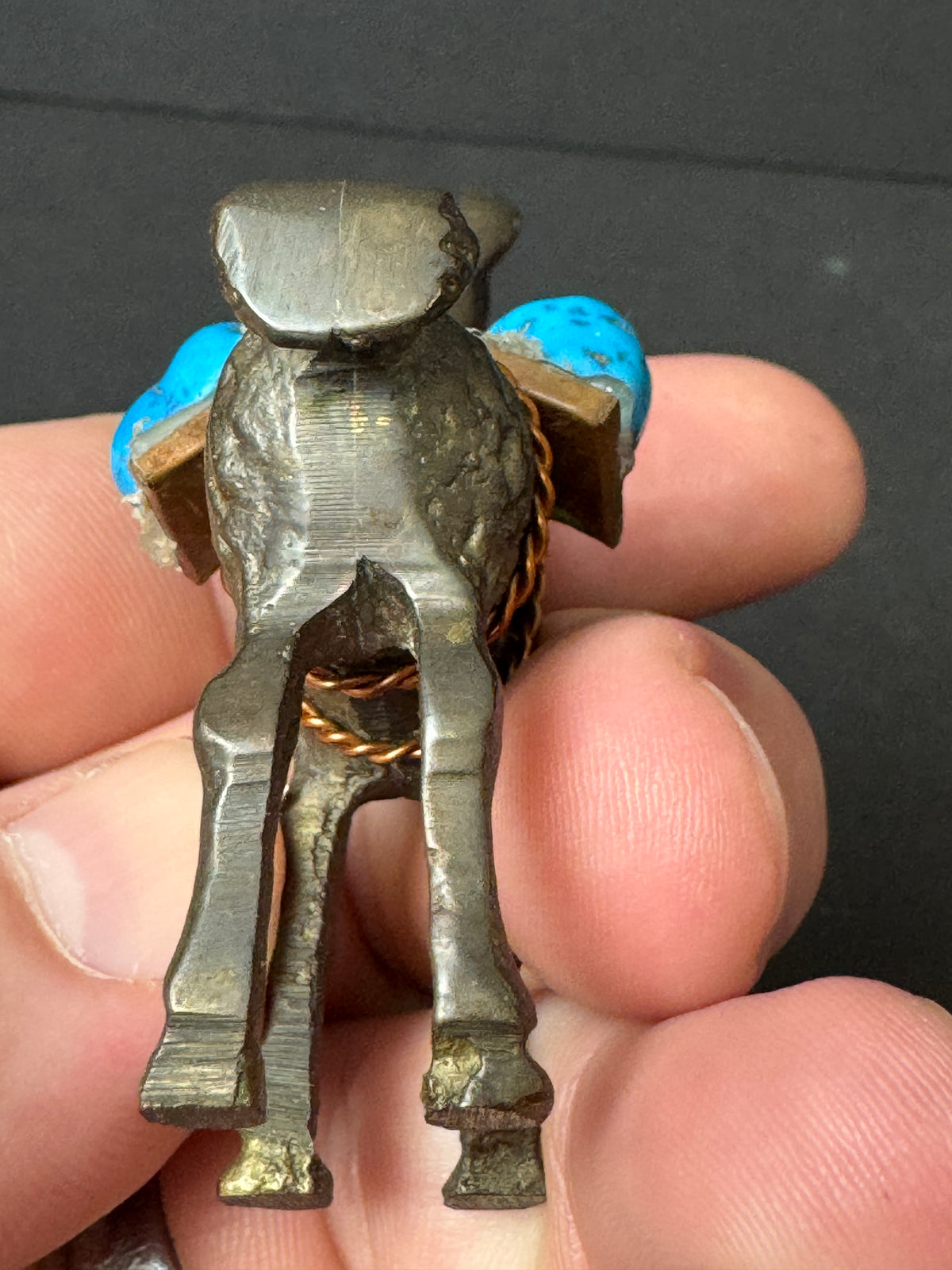 477 - Miniature Brass?  Llama / Alpaca Figurine Carrying Turquoise Stone Copper Saddle