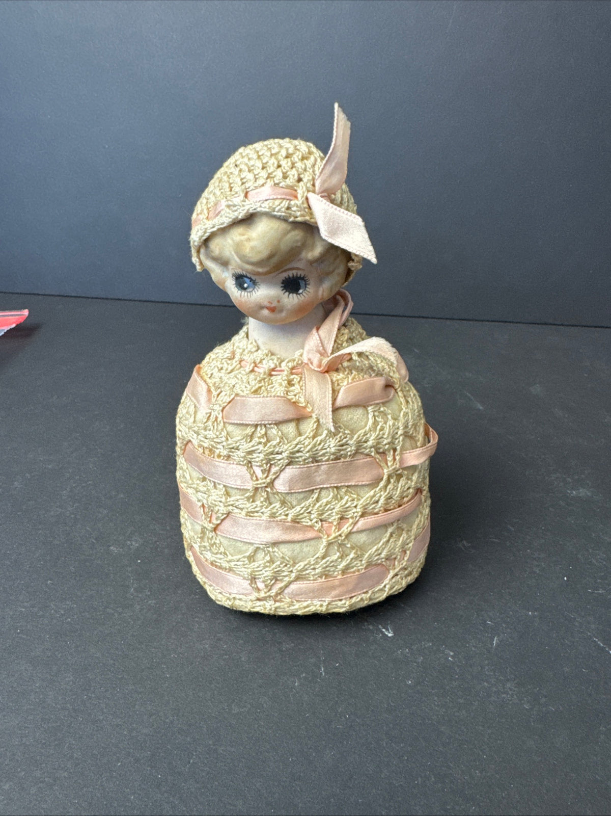 250 - Bisque Flapper? Kewpie? Doll Antique Porcelain Japan laced pin cushion