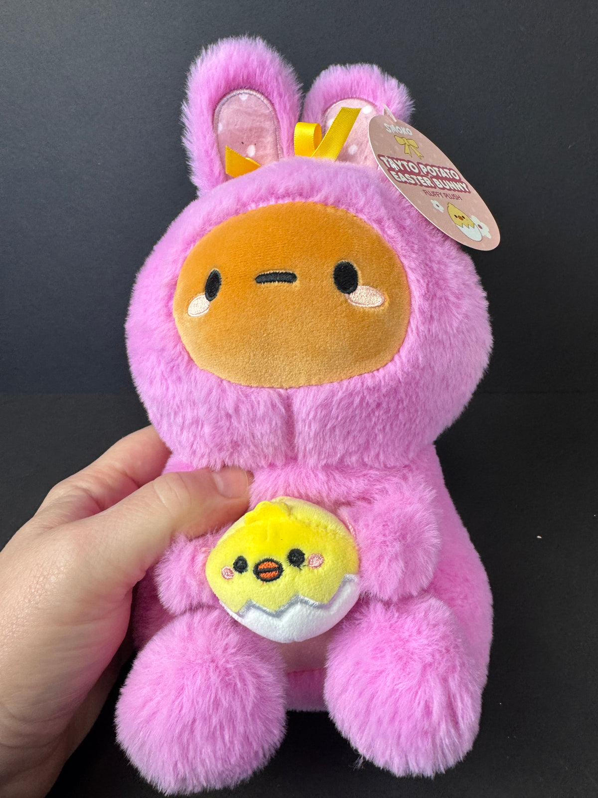 555 - Smoko Tayto Potato Easter Bunny Plush Stuffed Animal Pink Rabbit Holding Egg