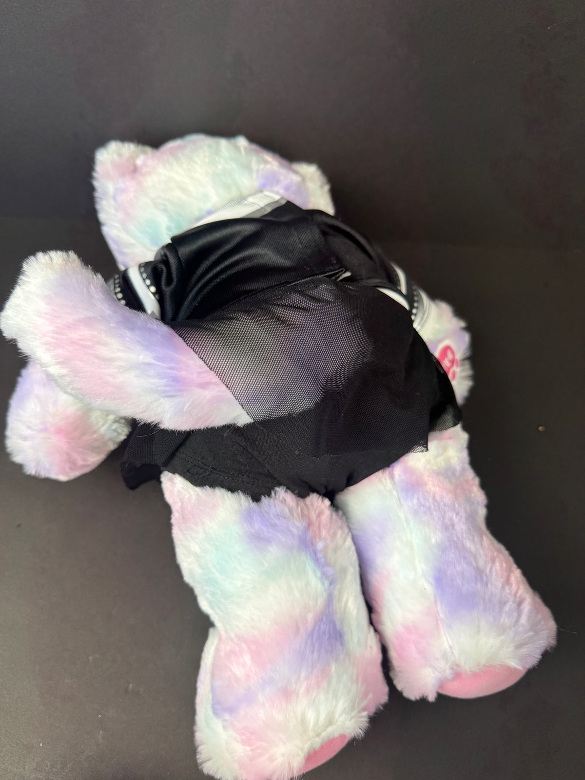 564 - Build-A-Bear Pastel Swirl Kitty With Pink BAB BABW black cheerleading varsity outfit