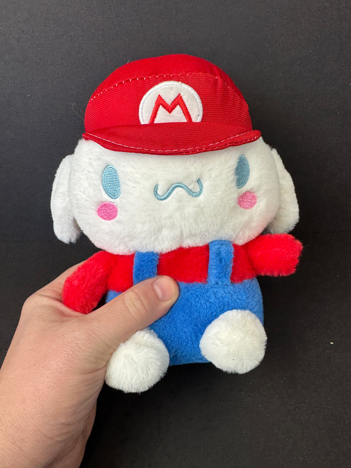 556 - Cinnamoroll Plush Mario Costume Red "M" Hat Blue Overalls White Red Blue Pink