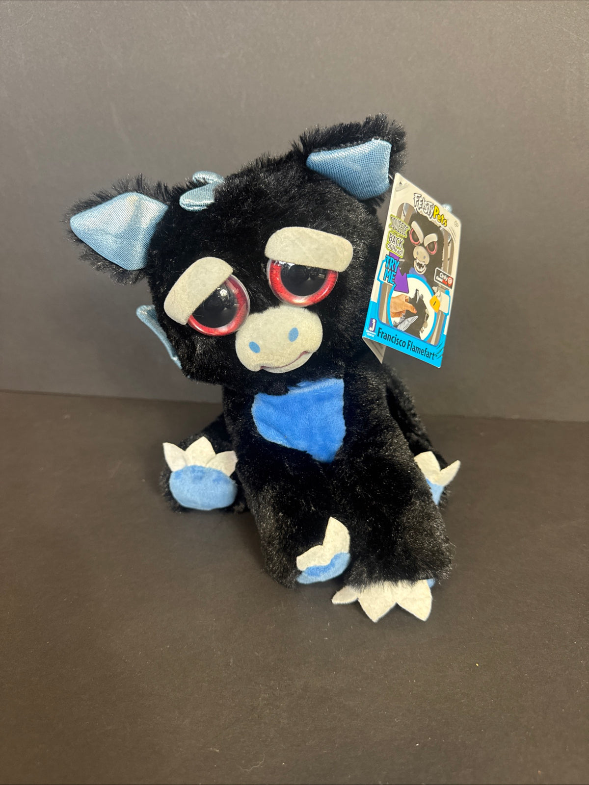 275 - Rare Francisco Flamefart Feisty Pets Plush 9" Black Dragon Blue  Game Stop
