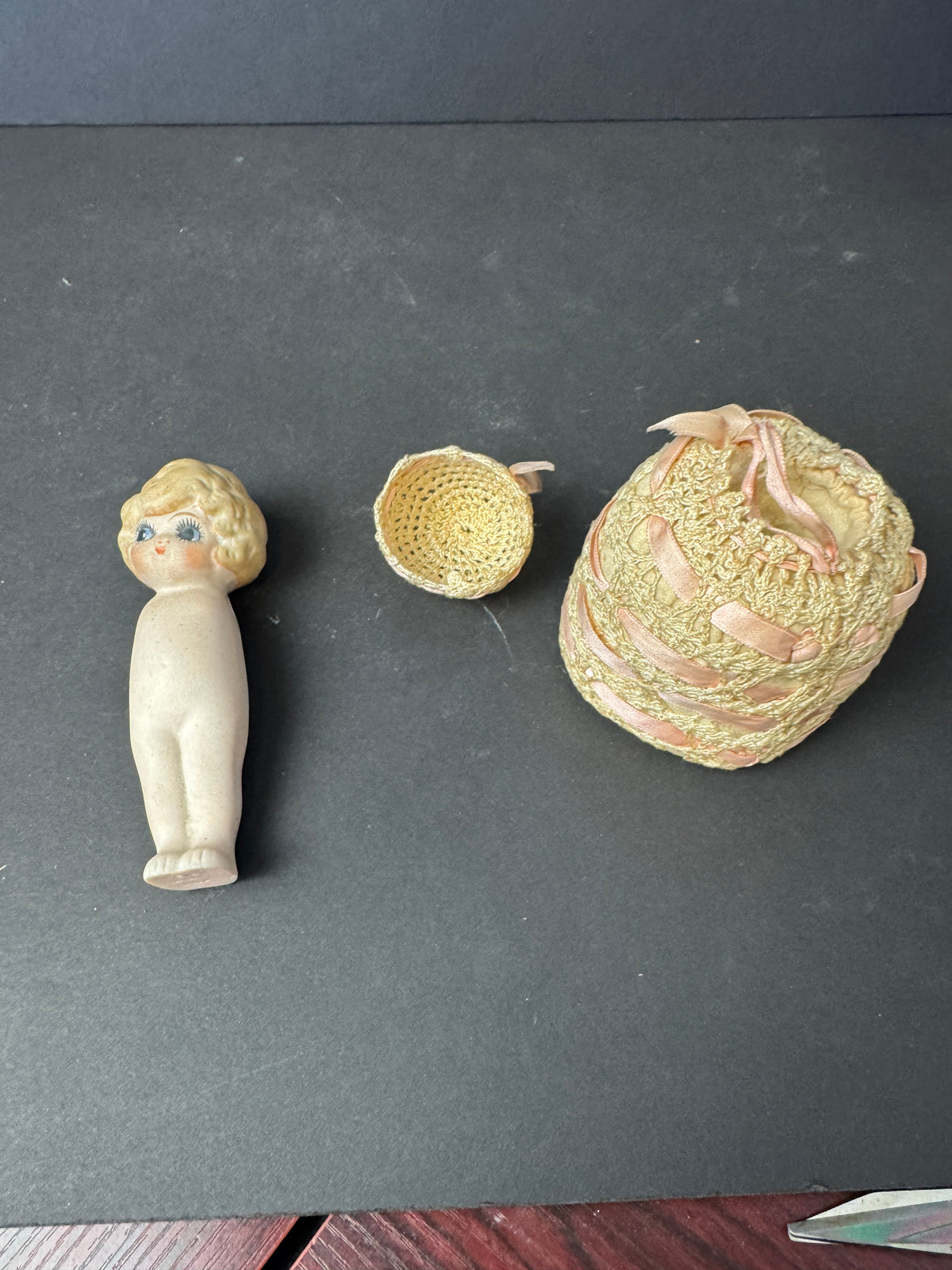 250 - Bisque Flapper? Kewpie? Doll Antique Porcelain Japan laced pin cushion
